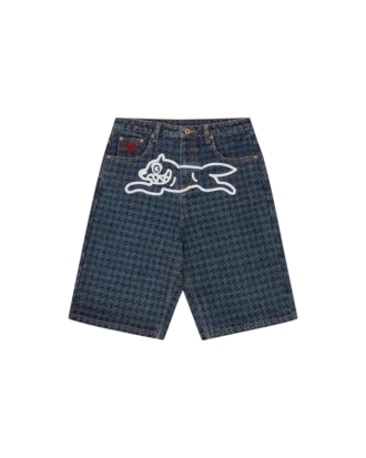 Șorturi din denim pentru femei cu model houndstooth și Running Dog alergând